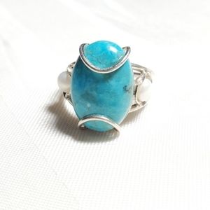 925 Sterling Silver Solitaire Turquoise Pearls Ring Sz 7.5